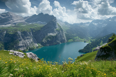 A breathtaking scenic view of a serene lake embraced by towering mountains, creating a mesmerizing natural landscape, A breathtaking vista of an alpine lake, AI Generatedの素材