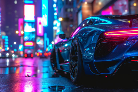 A blue sports car sits parked on a busy city street, surrounded by tall buildings and bustling pedestrian activity, A blue sports car with chrome accents under city neon lights, AI Generatedの素材