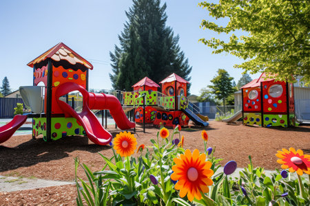 A colorful childrens play area featuring a slide, surrounded by vibrant flowers in the foreground, A bright and whimsical playground with charming play structures, AI Generatedの素材