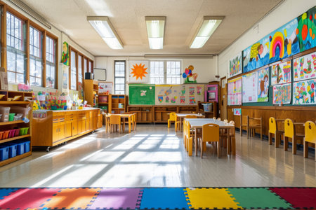 A classroom with numerous tables and chairs arranged for learning, A brightly lit empty classroom with colorful children's artwork on the walls, AI Generatedの素材