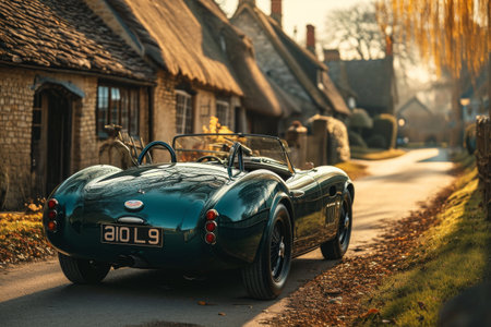 A green sports car is parked on the side of a road, ready for action, A British racing green sports car in a quaint countryside setting, AI Generatedの素材