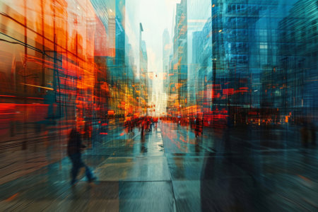 A blur of pedestrians walking along a busy city street, Abstract, dreamlike interpretation of futuristic city life, AI Generatedの素材