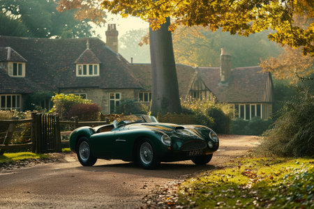 A green sports car zooming down a scenic country road with lush fields and trees in the background, A British racing green sports car in a quaint countryside setting, AI Generatedの素材