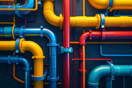 A visually striking arrangement of brightly colored pipes neatly aligned against a wall, Abstract interpretation of a pipeline system, AI Generatedの素材