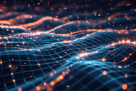 Computer Generated Image of a Radiant Light Wave, Abstract patterns representing data packets moving in a network, AI Generatedの素材