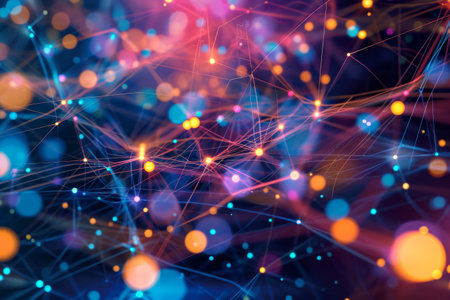 Colorful Background With Many Lines and Dots, Abstract patterns representing data packets moving in a network, AI Generatedの素材