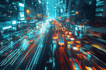 A busy city street at night filled with cars and vehicles maneuvering through heavy traffic, Abstract representation of futuristic traffic in a busy city, AI Generatedの素材