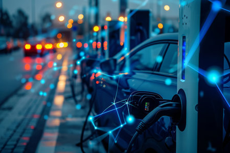 An electric car is charging at a charging station, connected to the charging port via a charging cable, Abstract representation of electric grid powering vehicle charging stations, AI Generatedの素材
