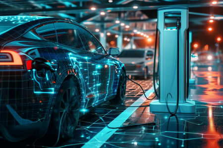 An electric car connected to a charging station, replenishing its battery to enable further travel, Abstract representation of electric grid powering vehicle charging stations, AI Generatedの素材