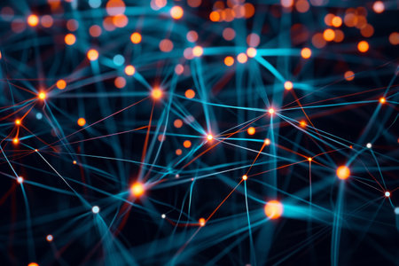 A photo featuring a vibrant blue and orange background with numerous interconnected lines, Abstract patterns representing data packets moving in a network, AI Generatedの素材