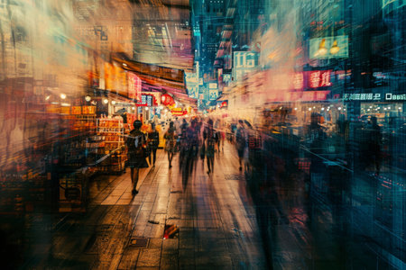 A chaotic scene captured in a blurry photo, featuring a group of people walking down a busy city street, Abstract of a bustling market in a futuristic city, AI Generatedの素材