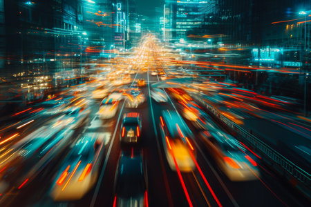 Busy City Street With Heavy Night Traffic, Abstract representation of futuristic traffic in a busy city, AI Generatedの素材