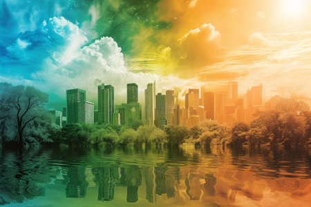 A photo capturing a vibrant rainbow-colored sky illuminating the cityscape below, Abstract visual representation of futuristic climate change, AI Generatedの素材