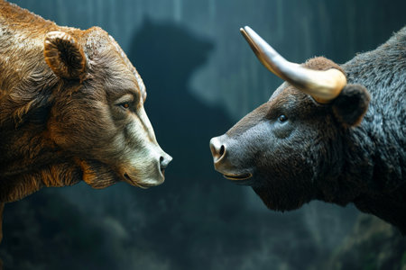 A photo of a couple of animals standing side by side, displaying their unique characteristics and interaction, A bull and a bear representing the stock market trends, AI Generatedの素材