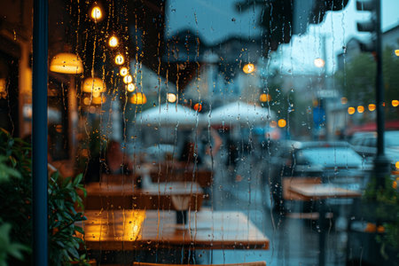 A photo capturing a view of rain falling and splashing on the ground outside a restaurant window, A cafe view on a rainy day with blurry rain-washed glass, AI Generatedの素材