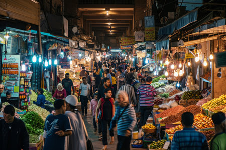 A Crowded Market With Lots of People Walking Around, A bustling market during Ramadan, AI Generatedの素材