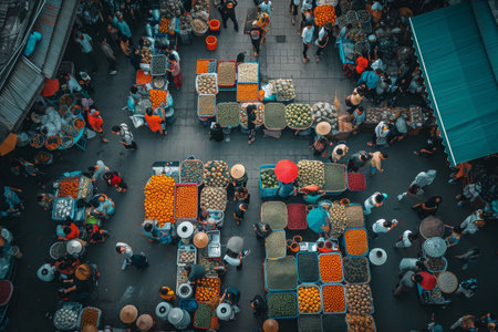 A diverse group of individuals gathers together, standing and engaging in activities at a bustling market, A bustling outdoor market from a bird's eye perspective, AI Generatedの素材
