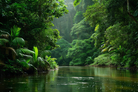 A river gracefully winds its way through a vibrant green forest, creating a soothing and captivating landscape, A canopy of green hiding a rainforest river, AI Generatedの素材