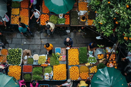 A diverse group of individuals gathered around a table abundantly filled with various fresh fruits and vegetables, A bustling outdoor market from a bird's eye perspective, AI Generatedの素材