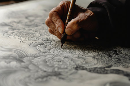 A person is seen writing on a piece of paper using a pen, A calligrapher creating intricate patterns, AI Generatedの素材
