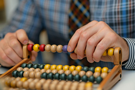 A man focuses as he skillfully manipulates the wooden beads on an abacus, calculating numbers with precision and concentration, Accountant using an abacus to account for finances, AI Generatedの素材