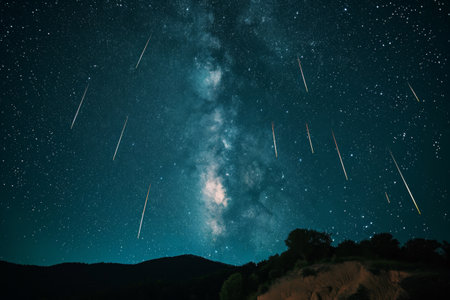 An awe-inspiring view of a dark night sky illuminated with a multitude of stars shining brightly, A cascade of bright meteors against a starry night sky, AI Generatedの素材