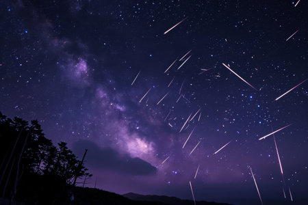 The night sky is filled with numerous stars, illuminating the darkness with their brilliance, A cascade of bright meteors against a starry night sky, AI Generatedの素材