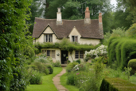 A house set against a backdrop of greenery, with a clearly defined pathway leading to the entrance, A charming English country cottage, AI Generatedの素材