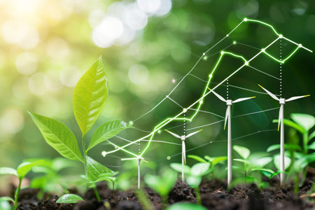 This photo showcases a collective of green plants thriving in soil, displaying vibrant growth and natural resilience, A chart showing the performance of green energy investments, AI Generatedの素材