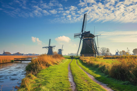 A captivating photo showcasing a couple of windmills standing tall on top of a vibrant, green field, A charming windmill field in the Dutch countryside, AI Generatedの素材