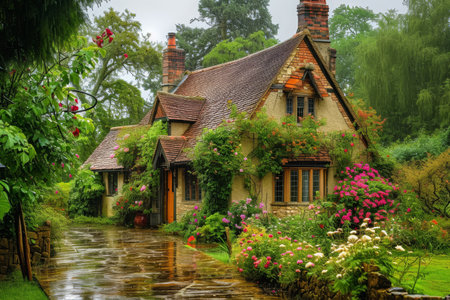 A realistic painting depicting a house surrounded by rain, capturing the mood and atmosphere of a wet day, A charming old English cottage with a blooming garden under a gentle rain, AI Generatedの素材