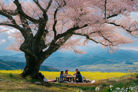 Group of People Sitting on a Blanket Under a Tree, A charming countryside picnic spot under a Sakura blossom tree, AI Generatedの素材
