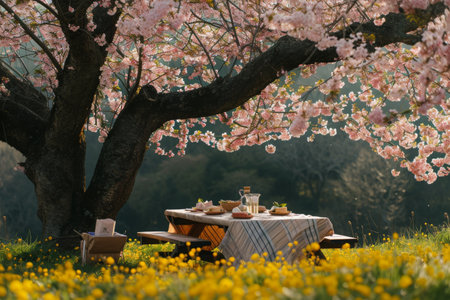 A picnic table is positioned under a blossoming tree in a field, creating a serene and natural setting, A charming countryside picnic spot under a Sakura blossom tree, AI Generatedの素材
