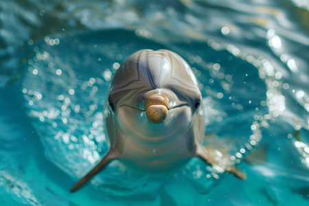 A dolphin swimming in the water, holding a ball in its mouth, showcasing its playful behavior, A charismatic portrait of a playful bottlenose dolphin, AI Generatedの素材