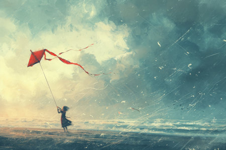A person joyfully flies a colorful kite against the backdrop of cloudy skies, A child's kite flying high in a windy storm, AI Generatedの素材