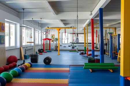 A wide range of exercise machines and equipment in a well-equipped gymnasium, A child-friendly gym with colorful equipment, AI Generatedの素材