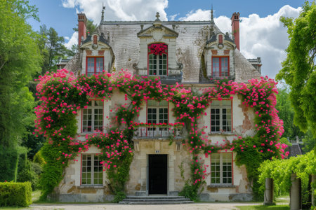A large house adorned with an abundance of flowers in a variety of vibrant colors, A chateau decorated with roses and heart-shaped wreaths, AI Generatedの素材