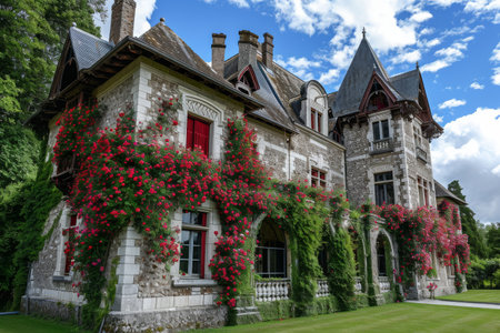 A magnificent stone building adorned with vibrant red flowers is showcased in this photo, A chateau decorated with roses and heart-shaped wreaths, AI Generatedの素材