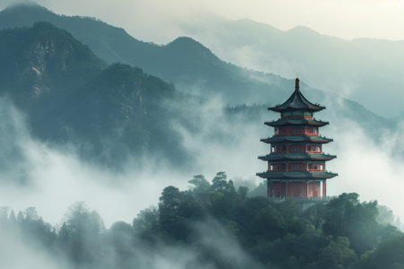 A tall tower stands proudly on a vibrant green hillside, offering a commanding presence in the landscape, A Chinese pagoda in a misty mountain setting, AI Generatedの素材