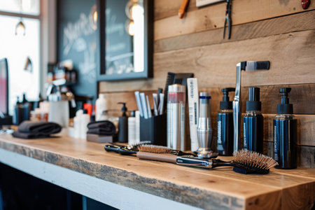 Assorted Hair Brushes on Wooden Counter, A chic hair salon with a variety of hair tools on the counter, AI Generatedの素材