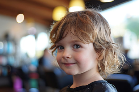 A little girl happily smiles for the camera, A child's first visit to the hair salon, full of curiosity and wonder, AI Generatedの素材
