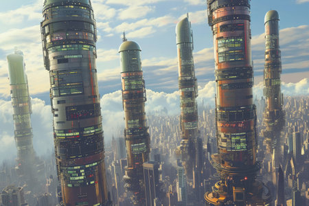 A panoramic view of a modern cityscape filled with futuristic skyscrapers towering above the bustling streets below, A city teeming with cylindrical, tube-like skyscrapers, AI Generatedの素材