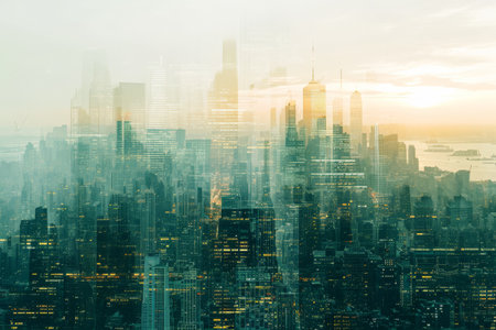 A Vibrant Metropolis With Towering Skyscrapers, A city of the future with a double exposure of modern construction techniques, AI Generatedの素材