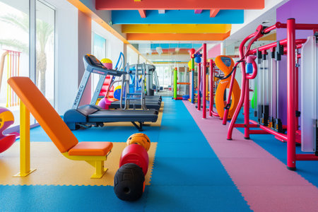A brightly colored gym featuring a vibrant wall that adds a burst of energy to the space, creating an engaging environment for workouts, A child-friendly gym with colorful equipment, AI Generatedの素材
