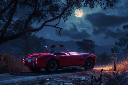 A red sports car is parked on a dirt road illuminated by dim streetlights, creating a moody ambiance, A classic red sports car in a romantic, moonlit setting, AI Generatedの素材