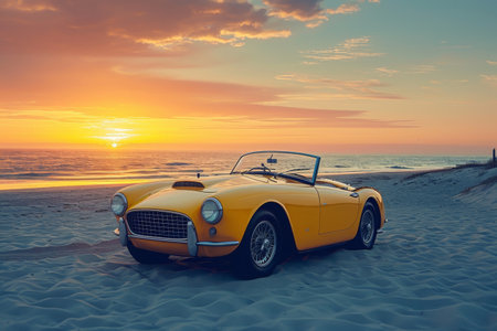 A yellow sports car is parked on the sandy beach as the sun sets in the background, casting a warm glow over the scene, A classic yellow sports car on a beach at sunset, AI Generatedの素材