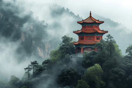 A tall building stands atop a vibrant, green hillside, creating a striking contrast between urban architecture and natural landscape, A Chinese pagoda in a misty mountain setting, AI Generatedの素材