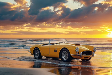A yellow sports car is parked on the sandy beach, adding a vibrant pop of color to the coastal landscape, A classic yellow sports car on a beach at sunset, AI Generatedの素材