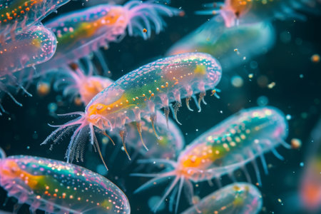 A Group of Jellyfish Swimming in an Aquarium, A close-up perspective of microscopic life forms like plankton, during a feeding frenzy, AI Generatedの素材