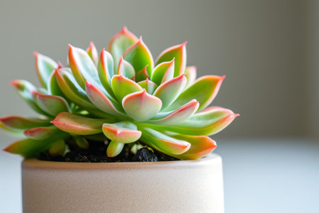 This close-up photograph showcases a small plant enclosed in a pot, highlighting the intricate details of its leaves and stem, A close-up of a potted succulent, on a white clean surface, AI Generatedの素材